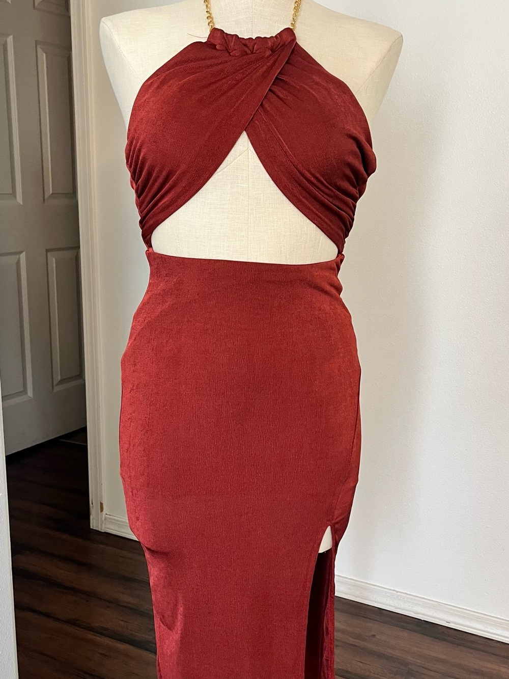 Halter Midi Dress with Front Cutout in Rust Red